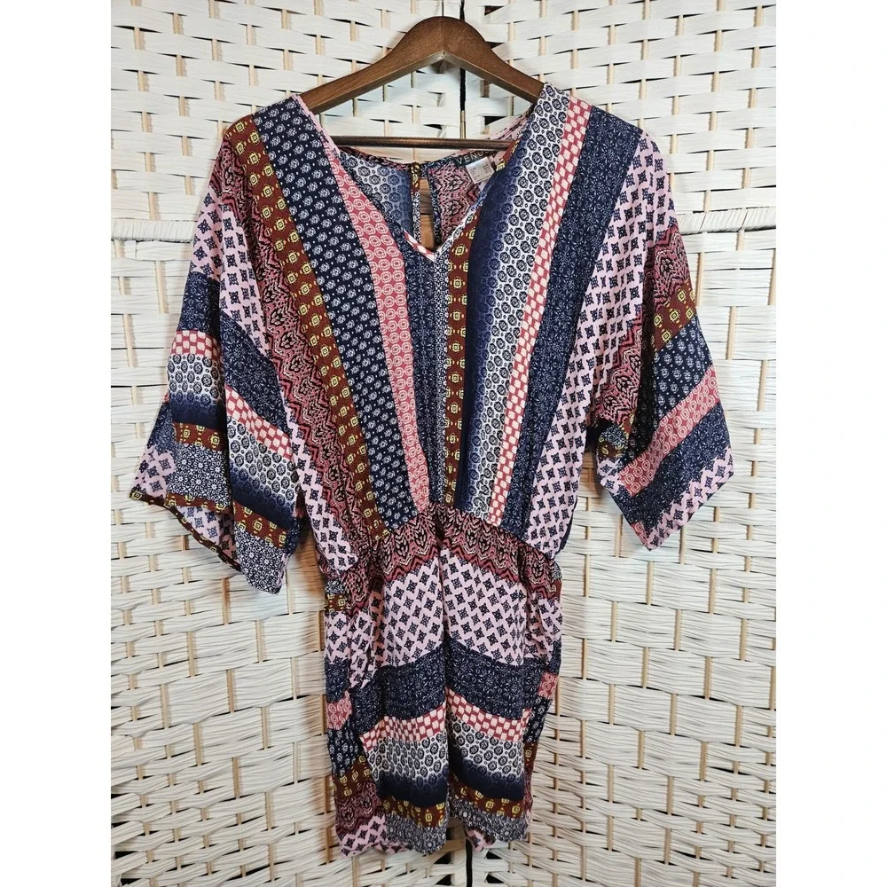 Venus Womens Small Multicolor Striped 3/4 Sleeves Romper Boho Hippie
